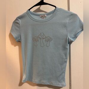Rue21 Blue Ribbed Baby Doll Crop Tee W/ Sequin Mushroom Design Size Small NWOT